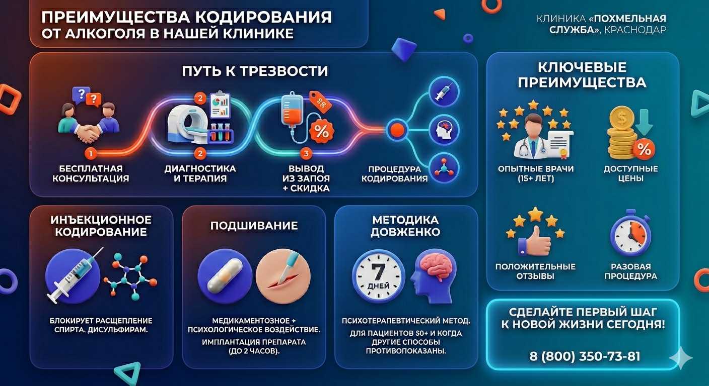 Инфографика о методах кодирования от алкоголя в Кулунде: инъекции, подшивание, метод Довженко. Преимущества клиники и этапы лечения.