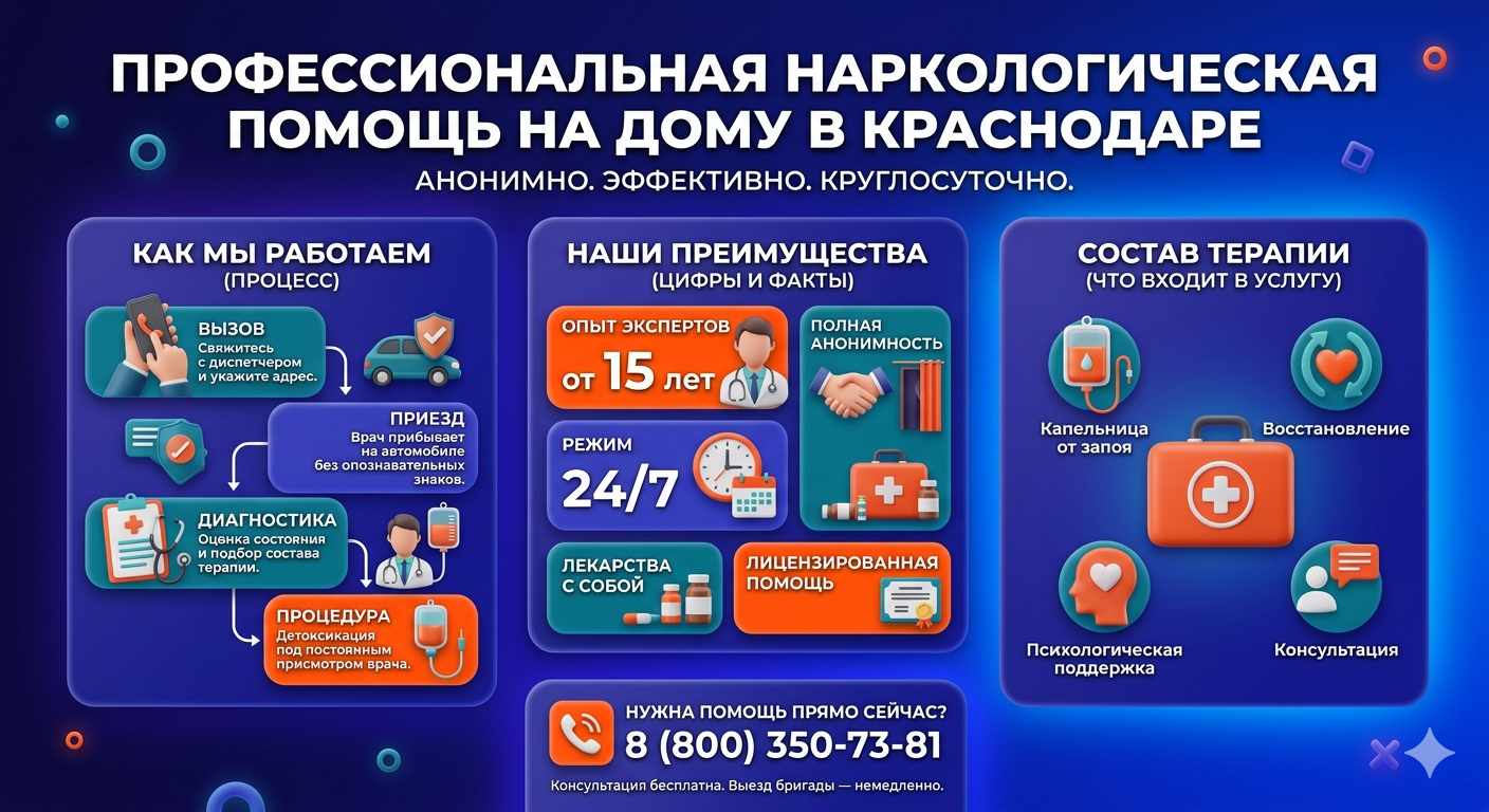 Инфографика о принципах лечения алкоголизма на дому в Кулунде: этапы вызова нарколога, преимущества анонимной детоксикации и состав медицинской помощи.